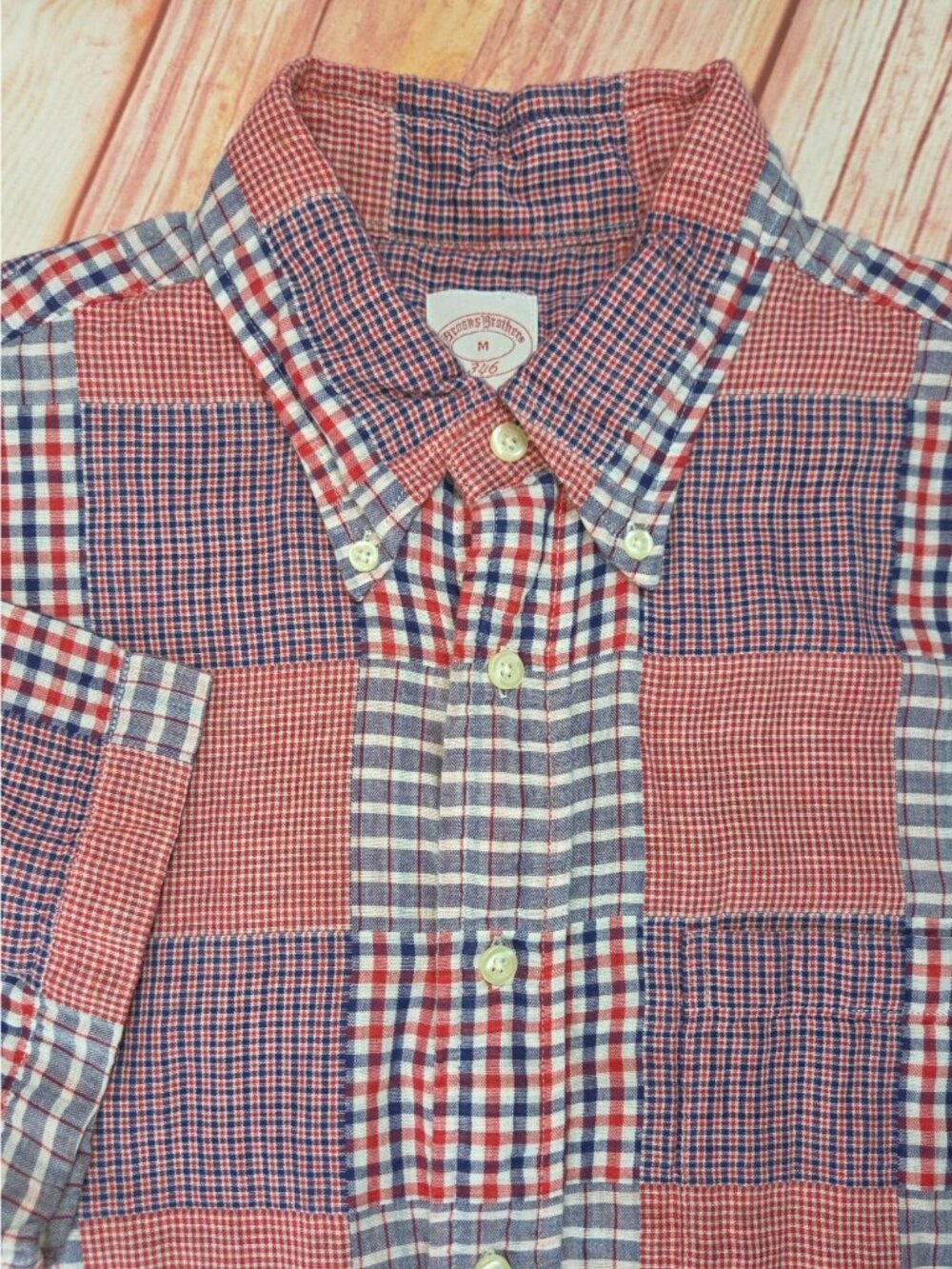 Brooks Brothers 346 Mens Patchwork Pink Plaid Shirt Medium
